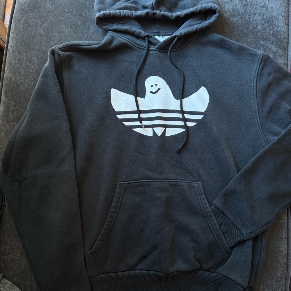 adidas Charcoal Hoodie with White Smiley Boo Halloween Graphic